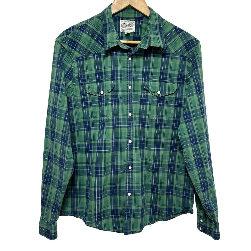 Lucky Brand Plaid Pearl Snap Shirt Mens XL Green Saturday Stretch Western Casual
